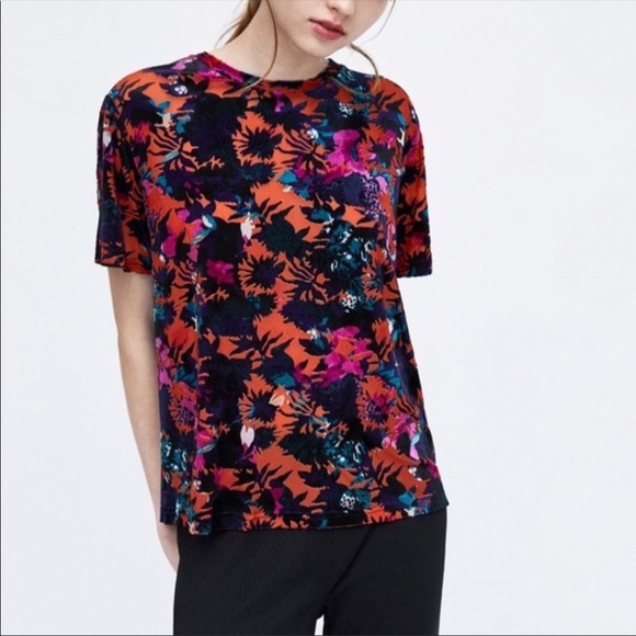 ZARA Velvet Floral Print Burnout Boxy Crewneck Short Sleeve Top Size M Fall - Picture 2 of 7
